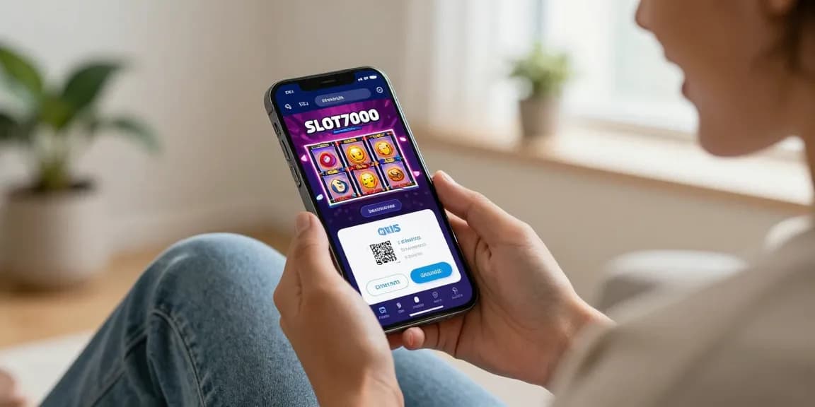 Engaged user exploring SLOT7000 on smartphone showcasing vibrant games and secure QRIS payment.