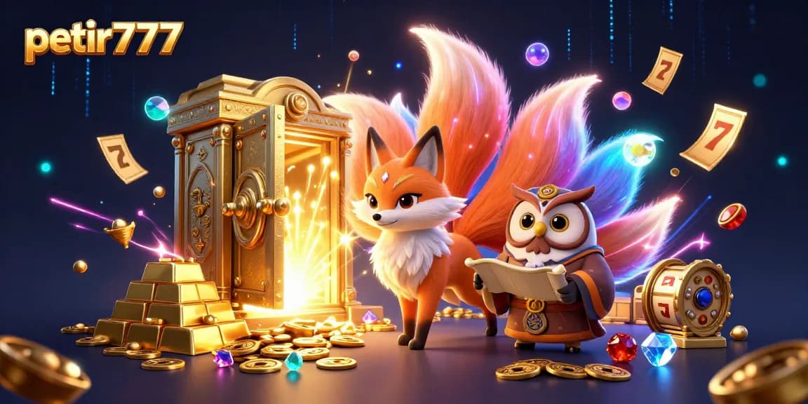 Experience exciting gameplay with petir777's vibrant 3D cartoon illustration featuring magical characters and casino treasures.