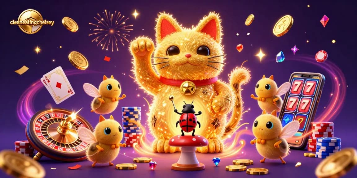 cleaneatingchelsey showcases a vibrant 3D scene of a lucky cat and golden fireflies in a casino-themed illustration.