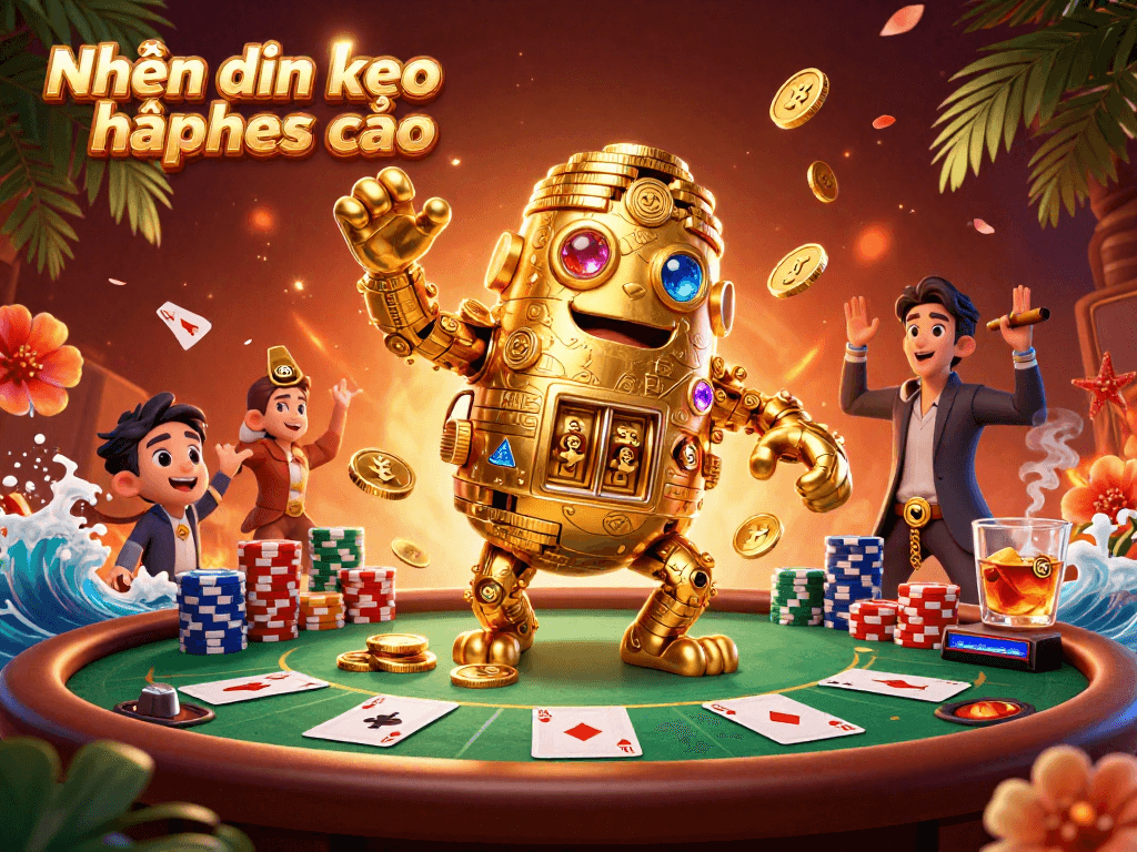 Engaging illustration showcasing Nhận định kèo nhà cái with a vibrant 3D golden golem and poker elements.