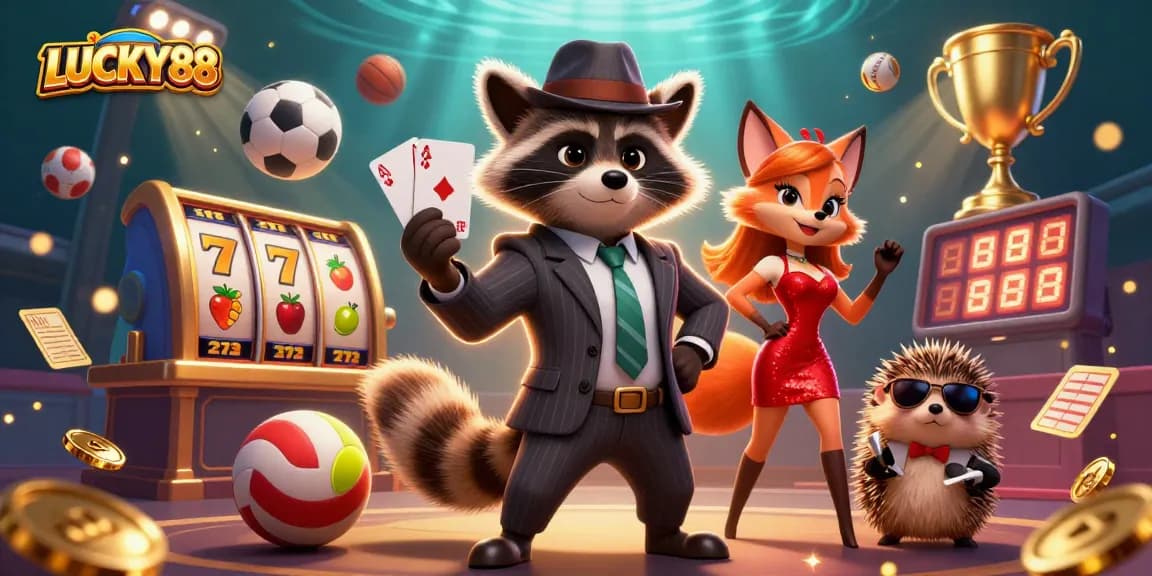 Experience LUCKY88's vibrant casino excitement in a whimsical 3D illustration full of wins.