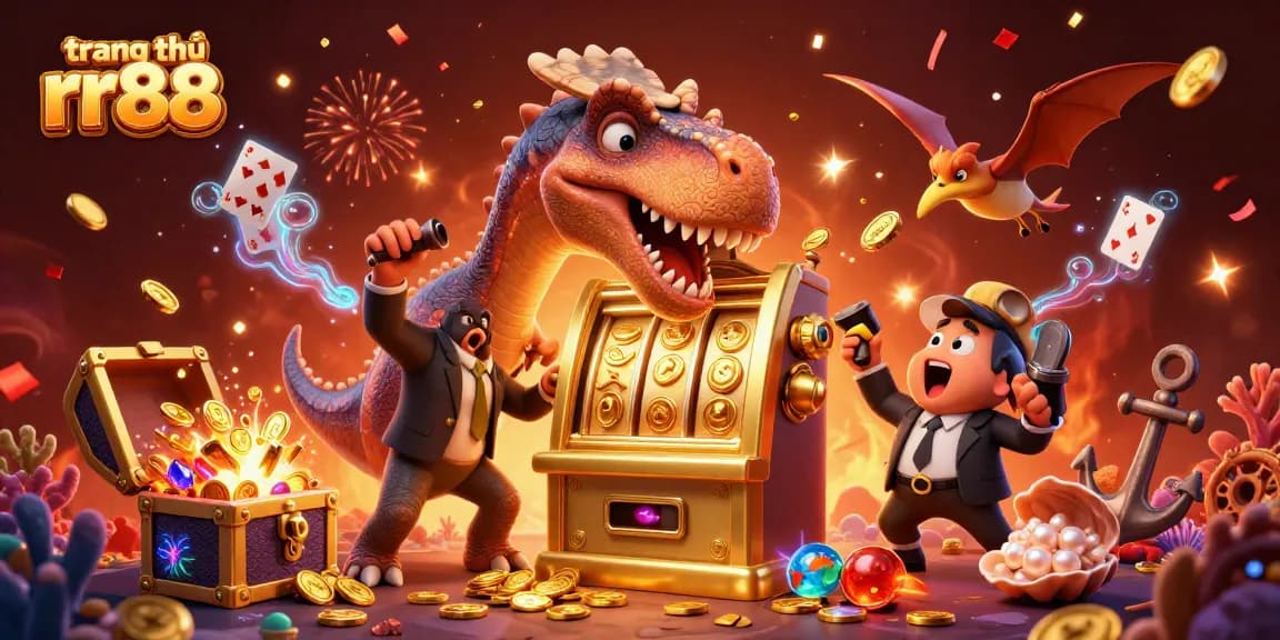 Experience the excitement of trang chủ rr88 with a dynamic 3D casino scene featuring animated dino characters.
