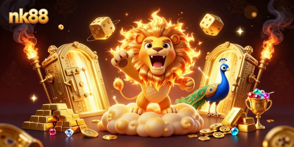 Experience thrilling nk88 gaming action with a sun lion surrounded by gold and jewels in a 3D illustration.