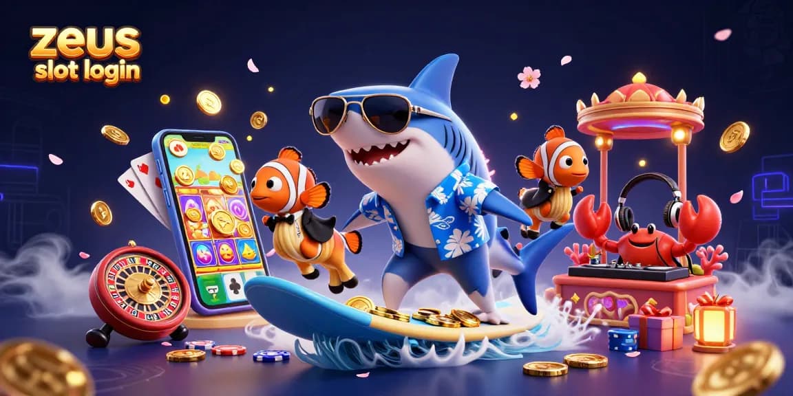 Spin and win with zeus slot login featuring a festive shark, clownfish, and crab surrounded by vibrant casino elements.