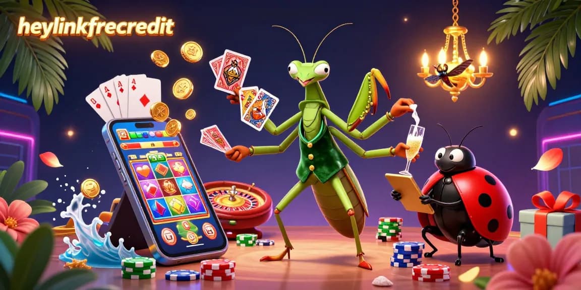 Engage in vibrant casino adventures with heylinkfreecredit in this lively 3D illustration featuring a card sharp and pit boss amid dynamic gaming elements.