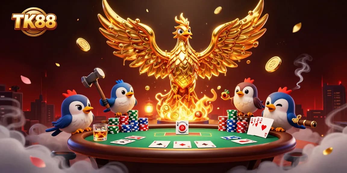 Experience thrilling gameplay at TK88 with an engaging poker scene and golden phoenix.