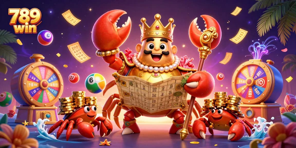The 789 win illustration showcases a golden crab emperor leading with colorful lottery elements and rich casino visuals.
