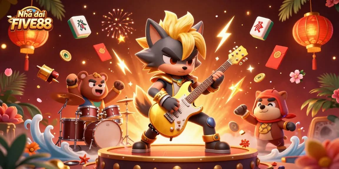 Engage at Nhà cái FIVE88 with vibrant 3D gaming action featuring dynamic cartoon characters and casino elements.
