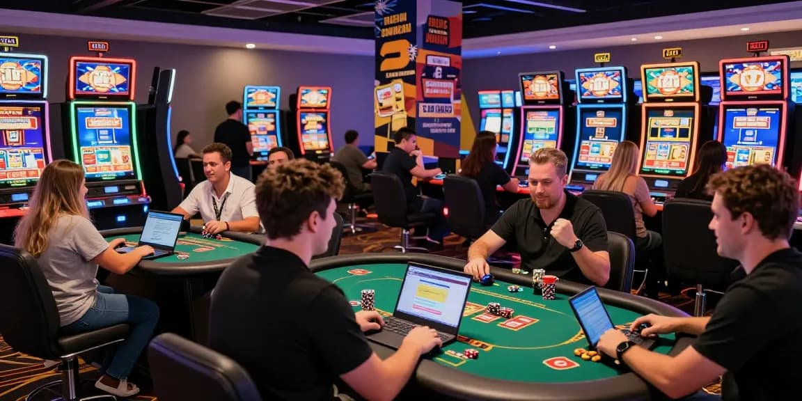 Dynamic scene of diverse players enjoying online casinos Australia with vibrant gaming atmosphere.