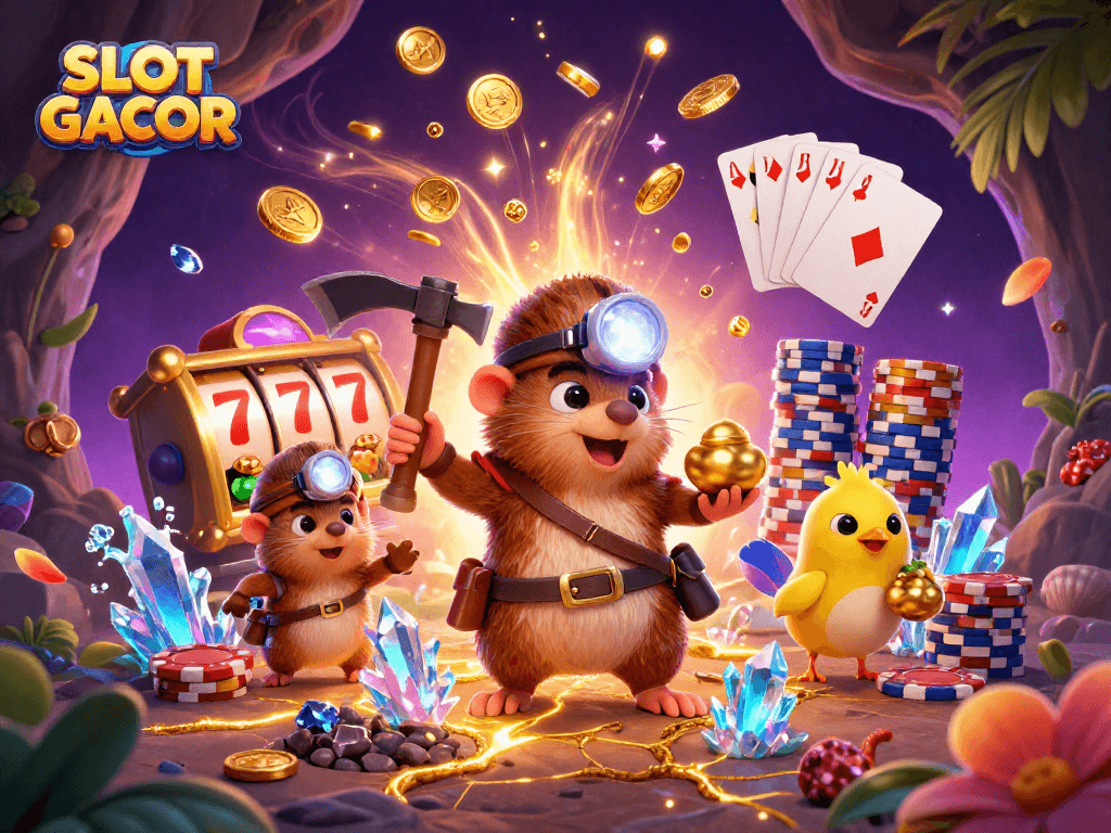 SLOT GACOR treasure hunt scene with a mole, gold coins, and slot machine reels showcasing winning elements.
