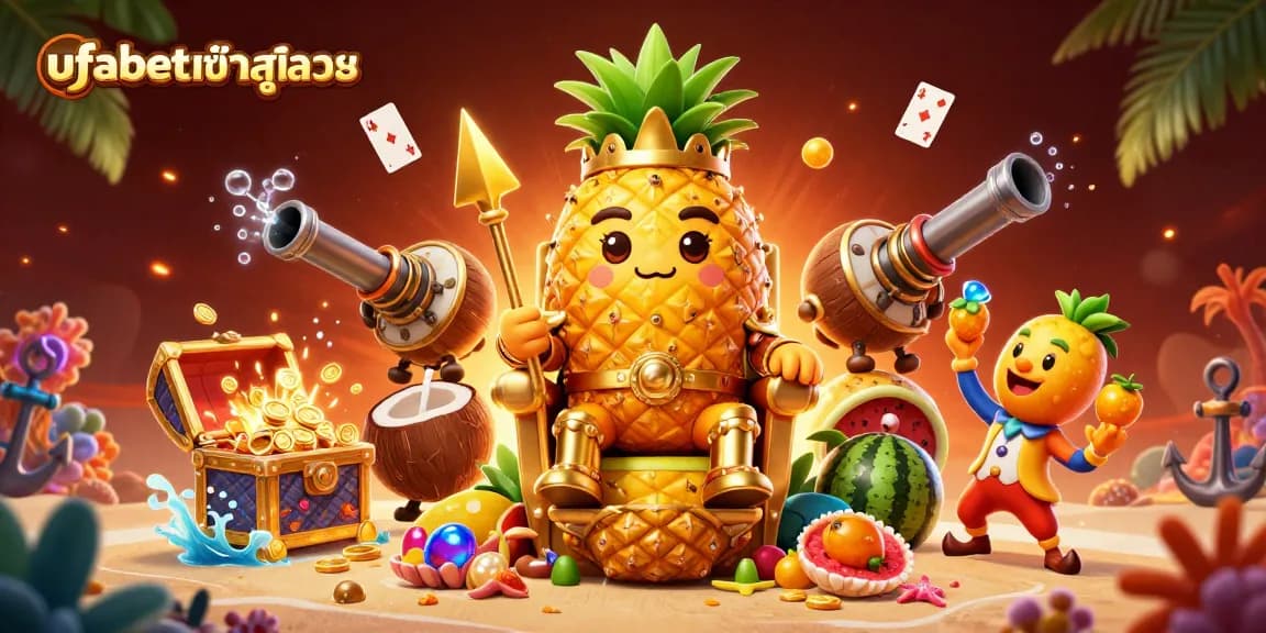 Engage with ufabetเข้าสู่ระบบ, featuring the golden pineapple king and vibrant casino elements in a lively atmosphere.