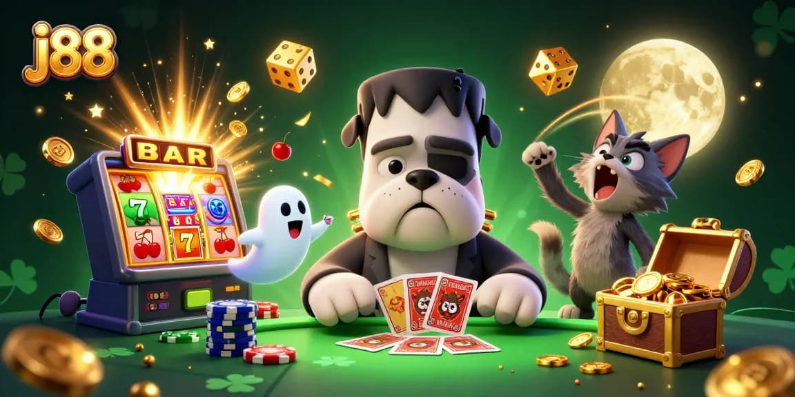 Engage with the j88 casino adventure featuring a spooky bulldog dealer and gold moon magic.