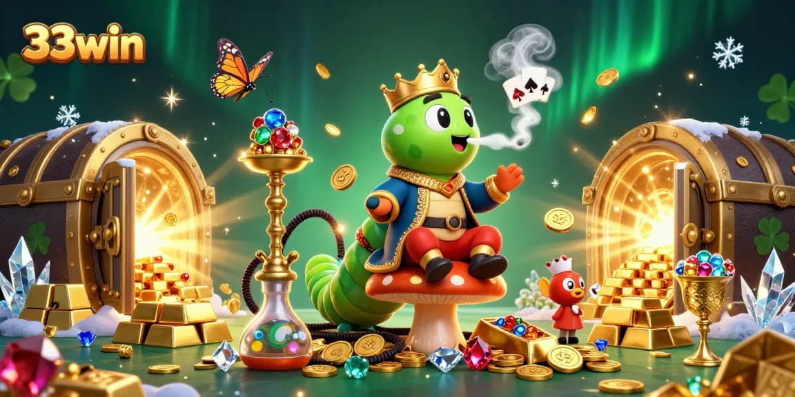 Engage with poker hand symbols in a vibrant 33win casino scene, featuring elaborate elements of riches.