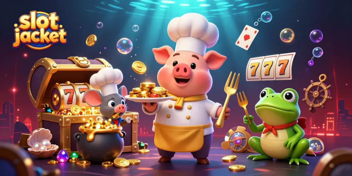 Menggandakan kemenangan di slot jackpot dengan karakter lucu dari kasino, yang dikelilingi koin emas dan elemen menarik.