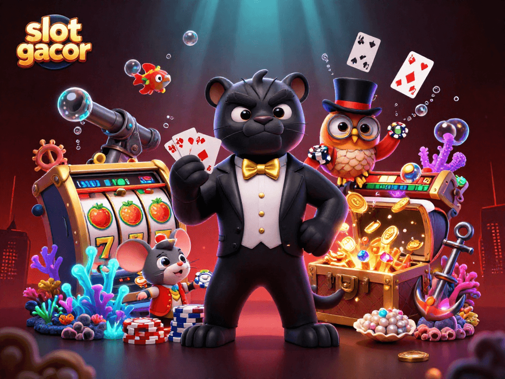 Menghadirkan slot gacor dengan karakter botak yang elegan, burung hantu lucu dan tikus keberuntungan dikelilingi simbol taruhan kasino.