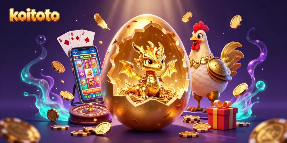 Koitoto showcases a golden egg cracking open revealing a baby dragon amid poker chips, embodying the excitement of online gambling.