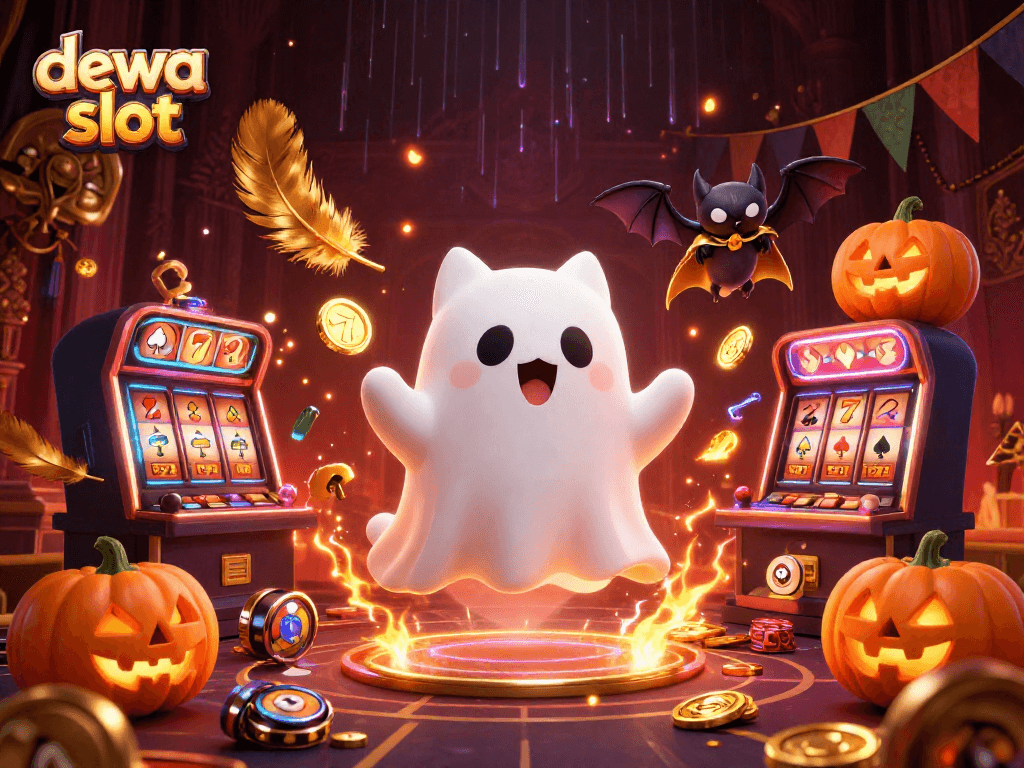 Engage with the exciting dewa slot universe in a vibrant haunted casino scene featuring ghostly characters.
