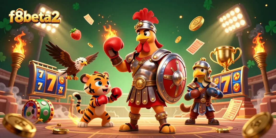 f8beta2 slots illustration shows a gladiator rooster, tiger cub, and eagle amidst a vibrant casino scene