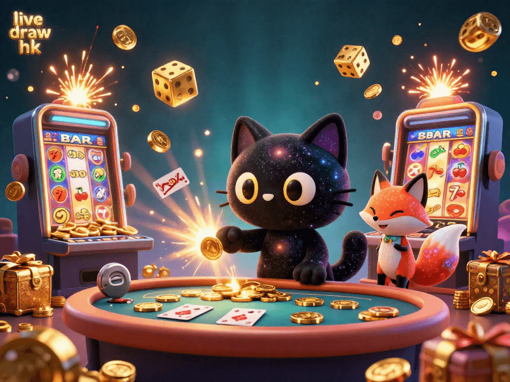 Engage with the live draw hk while enjoying vibrant casino action illustrated by a cosmic cat and fox.