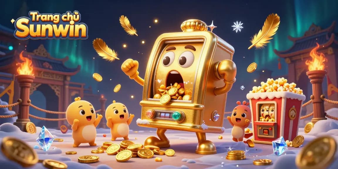 Experience the excitement of Trang chủ Sunwin with a vibrant golden slot machine celebrating a jackpot amidst dynamic gaming elements.