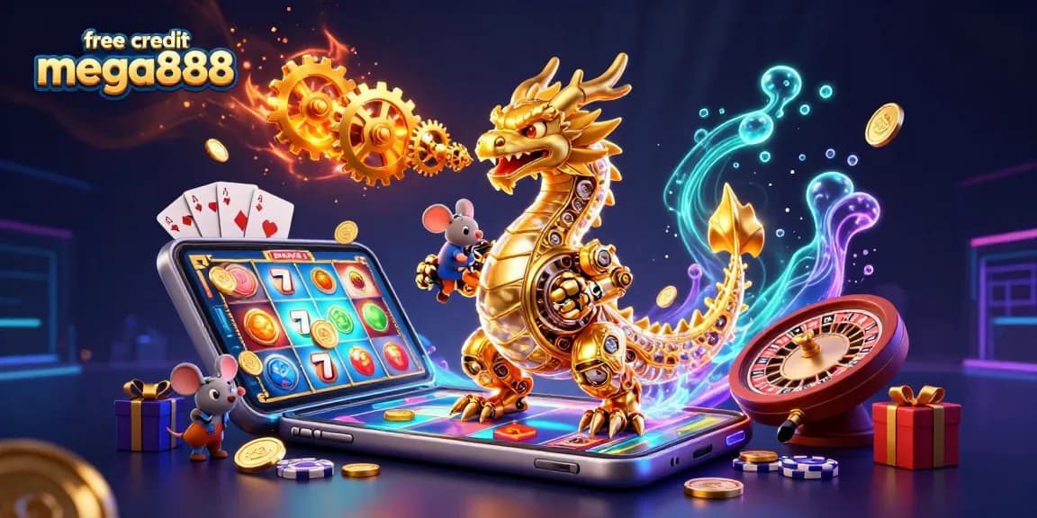Experience free credit mega888 with thrilling gameplay alongside a golden dragon and vibrant slot elements.