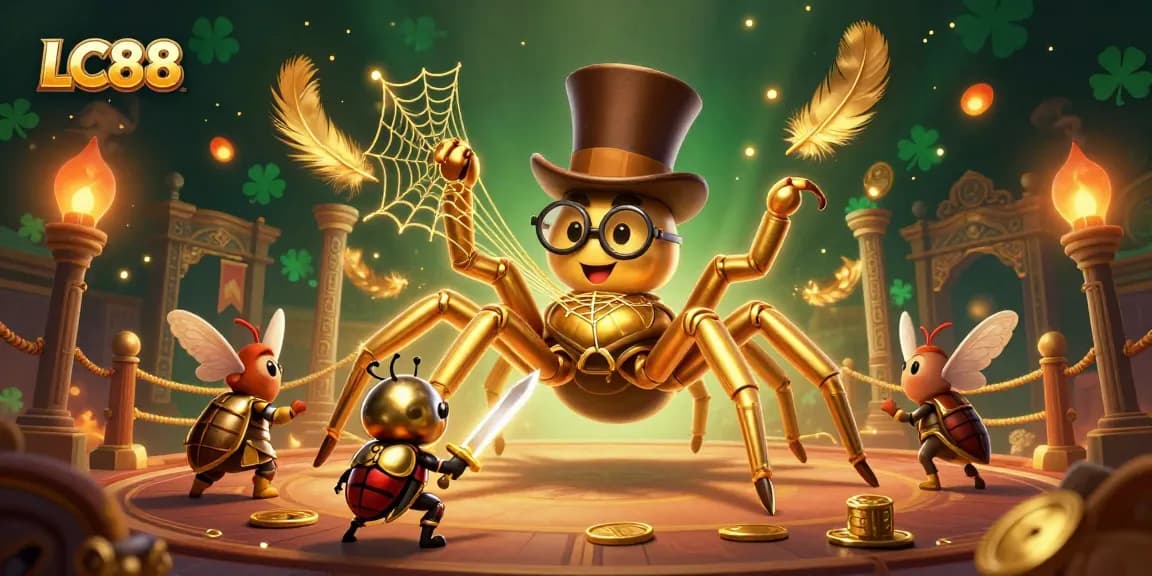 Join the exciting world of LC88 where a tarantula weaves golden threads among casino pillars.