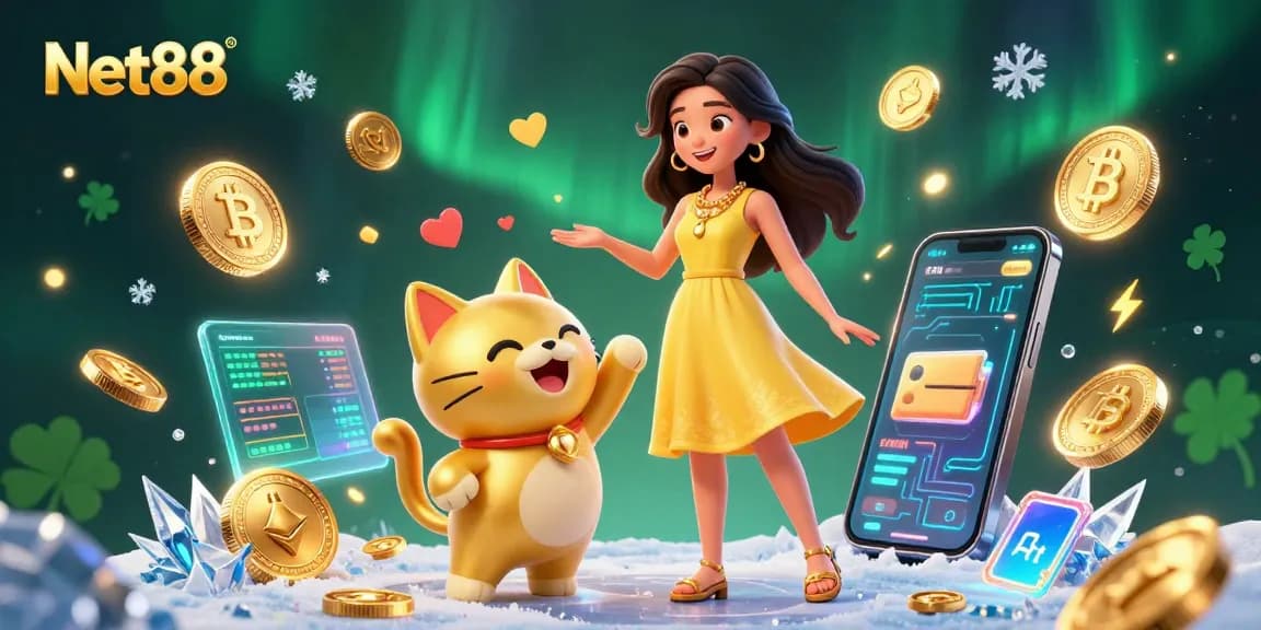 Engage with Net88 through gaming excitement, as a joyful Asian woman interacts with a lucky cat amidst floating coins and crypto elements.