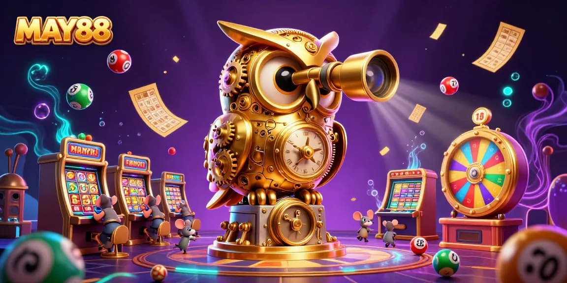 Experience the dynamic world of MAY88 with vibrant casino elements including an owl, lottery balls, and more.