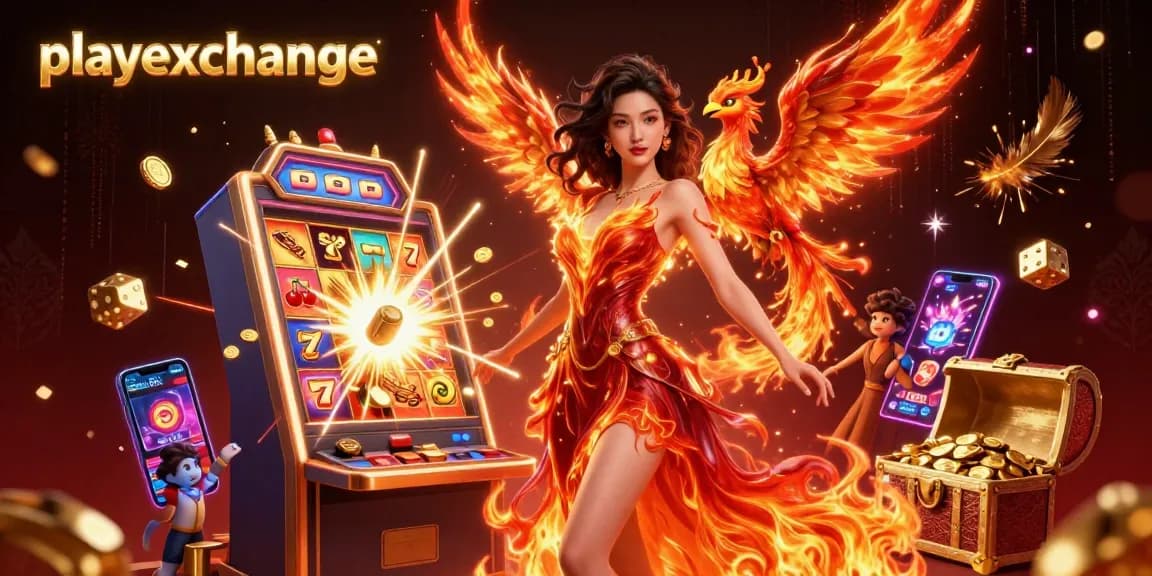 Experience thrilling action on playexchange with a vibrant 3D casino scene featuring fiery characters and dynamic slot elements.