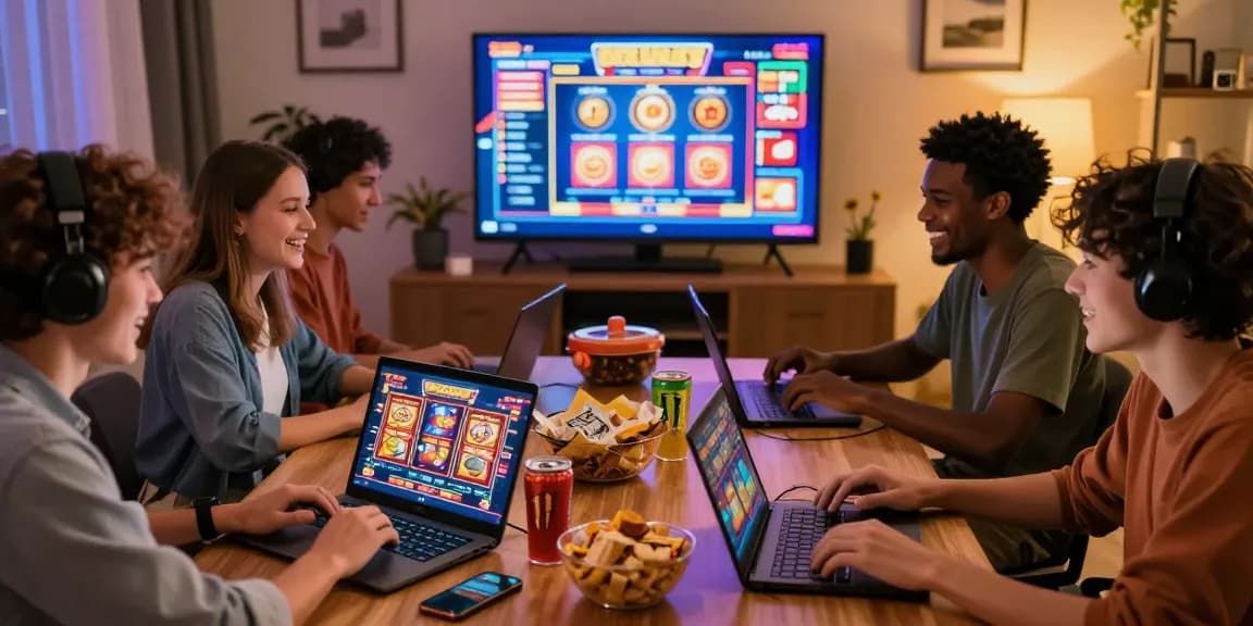 Pajaktoto gaming enthusiasts enjoying interactive slot games in a cozy home atmosphere with snacks and drinks.