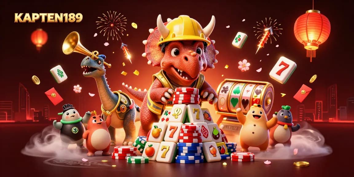 KAPTEN189 menampilkan ilustrasi kasino 3D yang ceria dengan triceratops dan permainan slot.