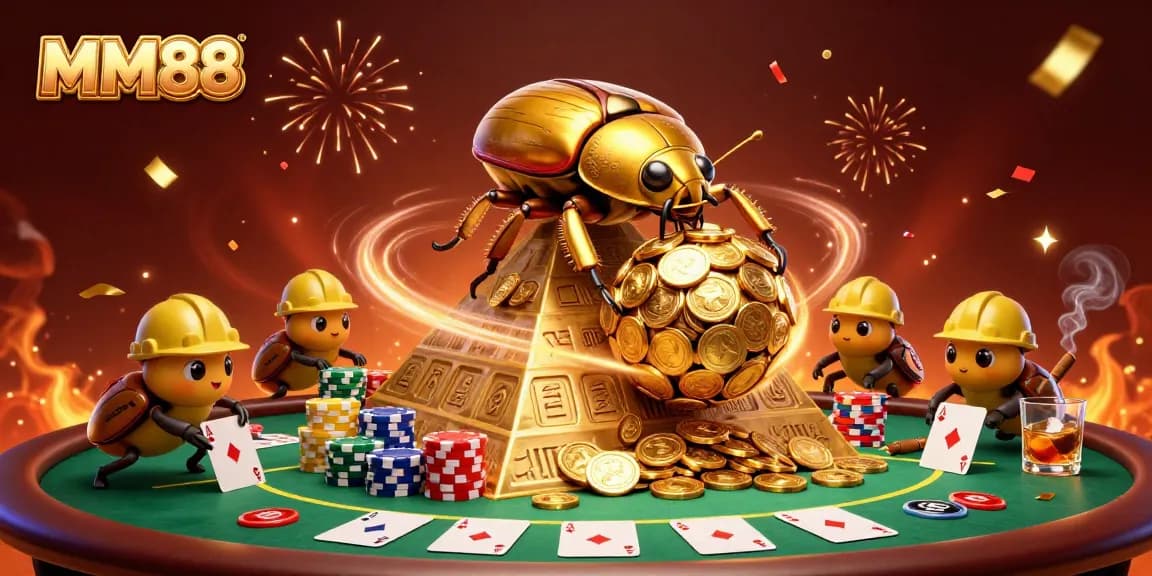 Experience MM88's vibrant casino atmosphere with golden beetles and exciting poker elements.