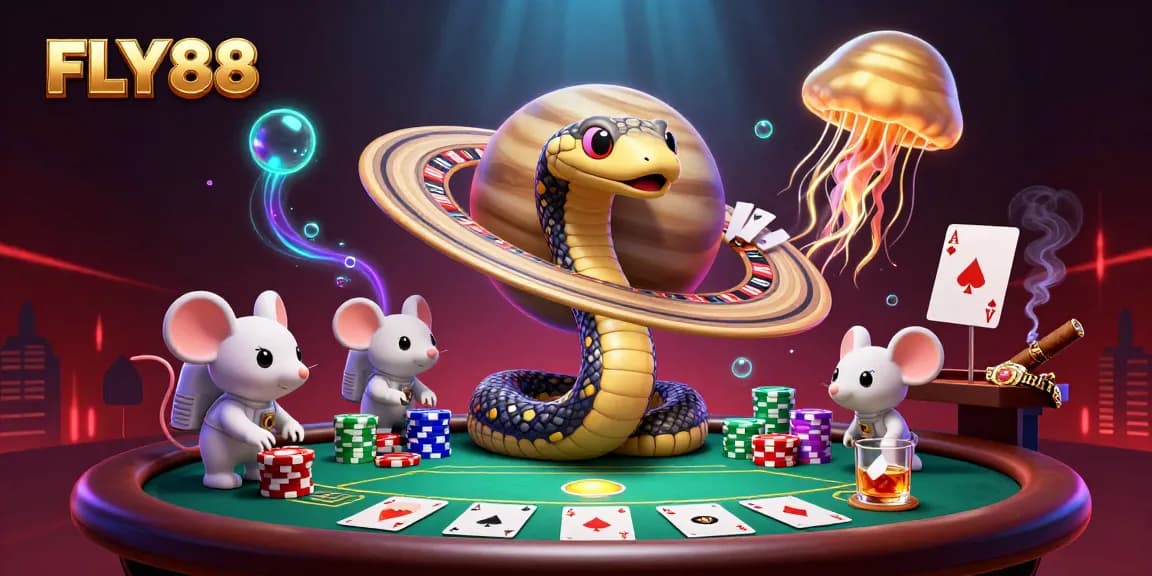 Players enjoying FLY88's thrilling casino experience with vibrant 3D cosmic elements.