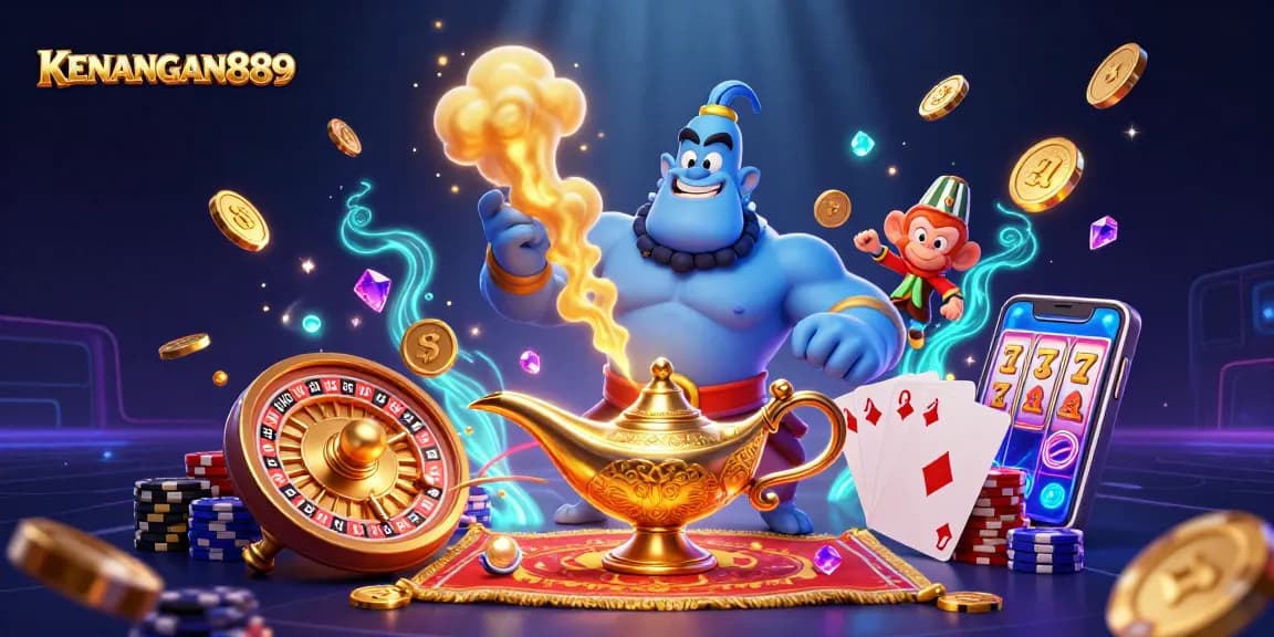 Spin the reels with KENANGAN889 as the blue genie grants you winning chances in this vibrant casino scene.
