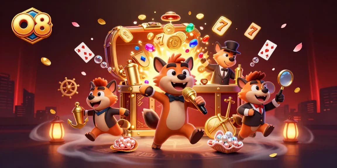 O8 offers exciting wins in a vibrant casino scene filled with fun hyenas and treasures.