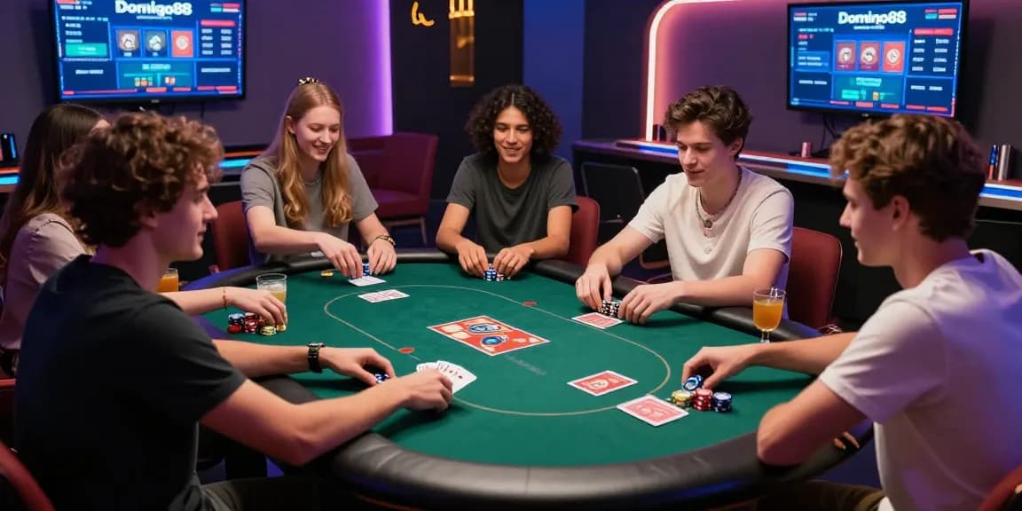 Engaging poker game with Daftar Domino8 players in a lively online setting, showcasing vibrant digital interface and social interactions.