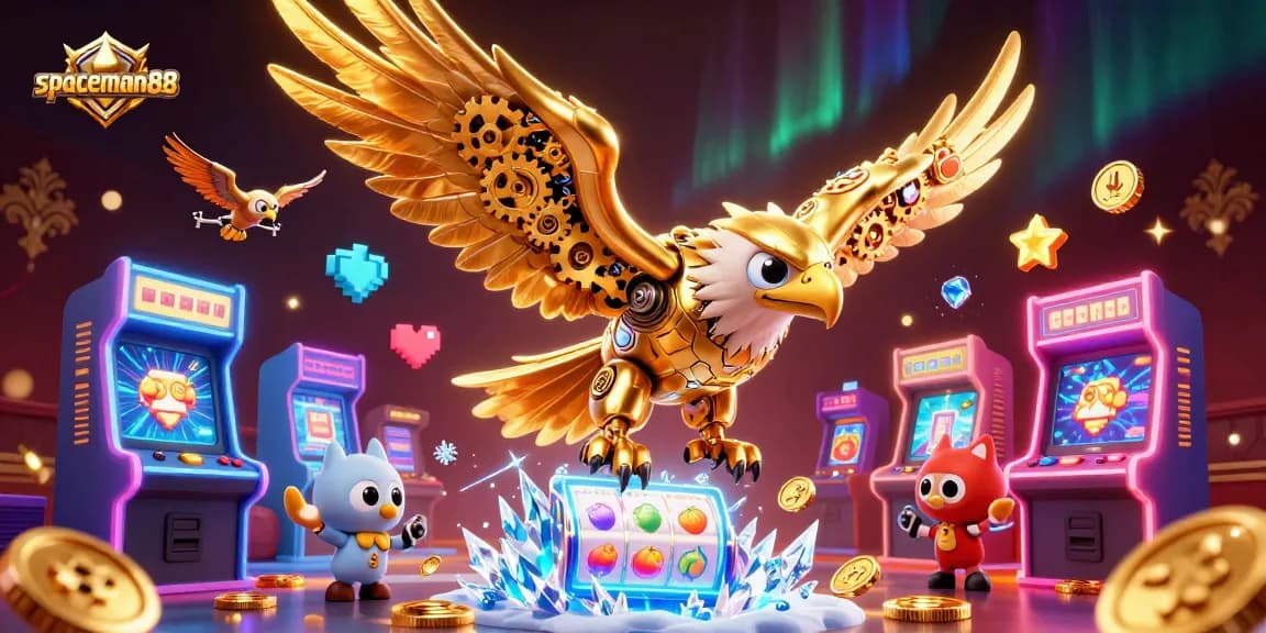 Experience thrilling wins with spaceman88 as a cybernetic eagle dives through vibrant slot reels.