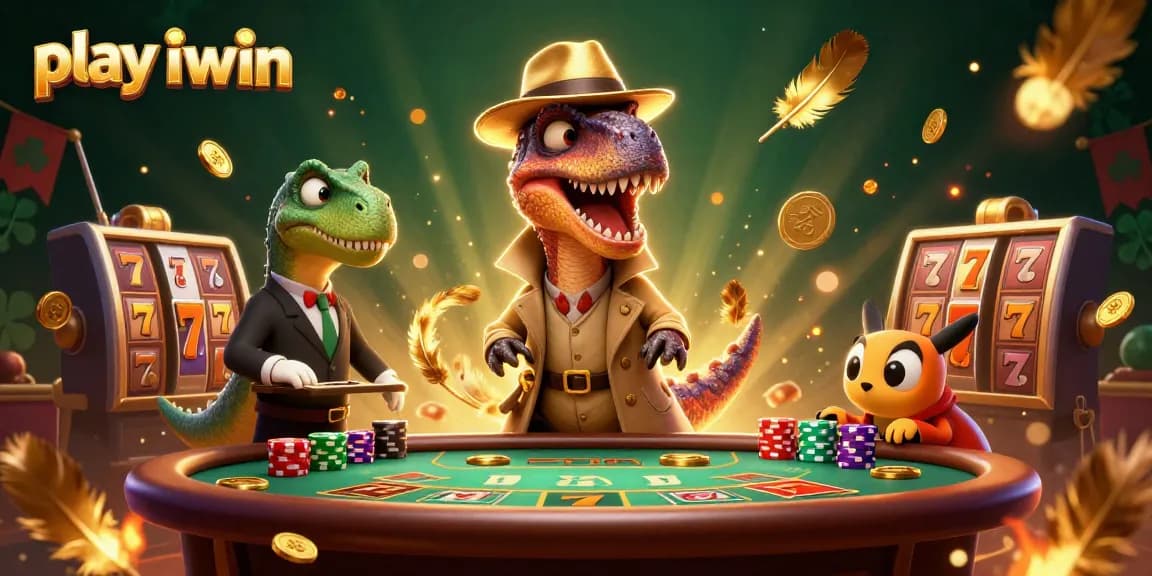 Play iwin with colorful slot reels and a thrilling casino scene featuring unique characters.