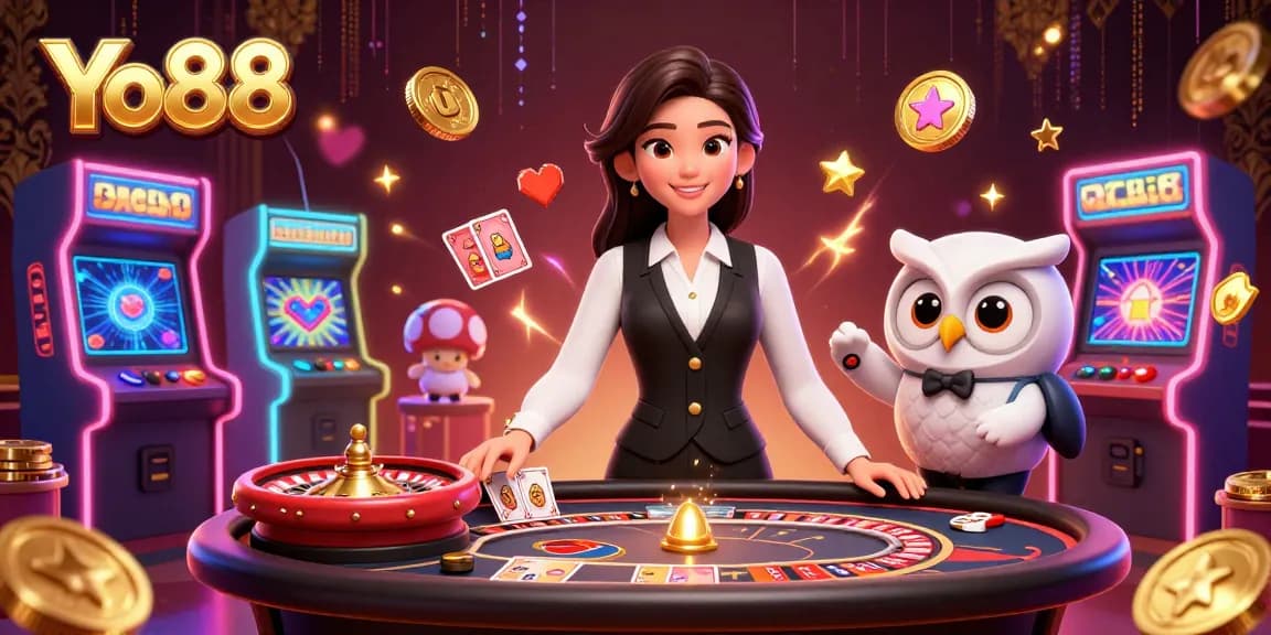 Engage with Yo88's stylish baccarat gameplay featuring a skilled dealer and vibrant gaming elements.
