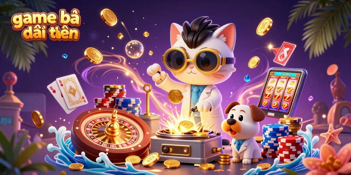 Engage in thrilling game bài đổi thưởng as a mad scientist cat and dog create winning methods amid casino elements.
