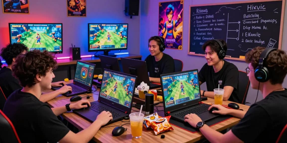A lively gaming scene featuring friends enjoying Rikvip on multiple devices, showcasing an exciting atmosphere with gaming peripherals and colorful lights.