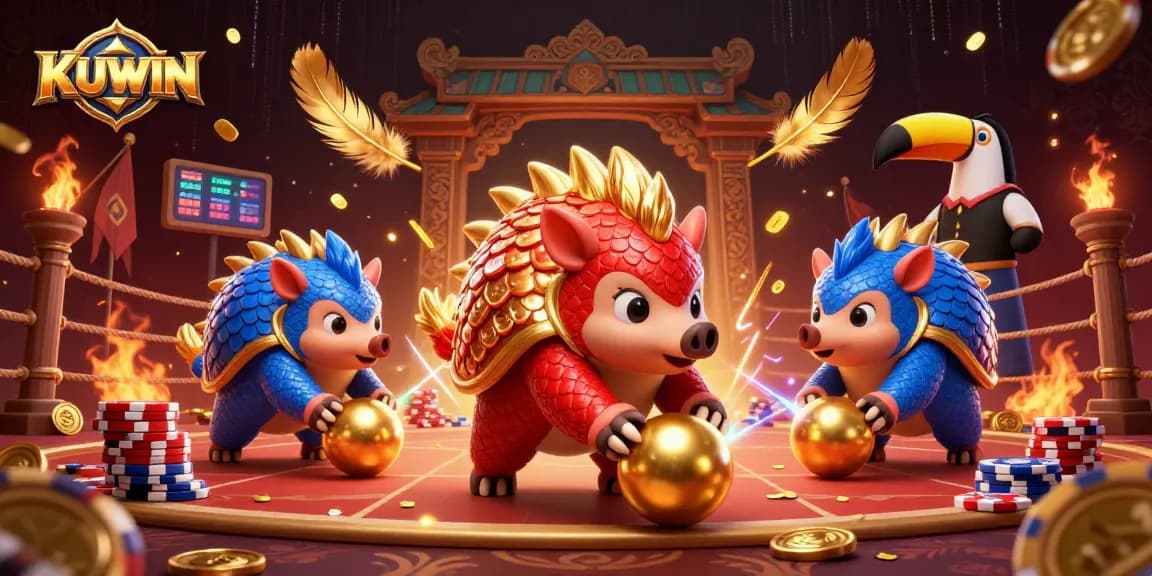 KUWIN pangolins bowling through poker chips in a dynamic casino scene
