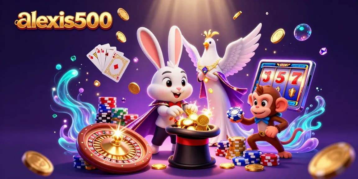 Join the excitement with alexis500 as the magician rabbit pulls coins while a dove sparkles around gaming elements.
