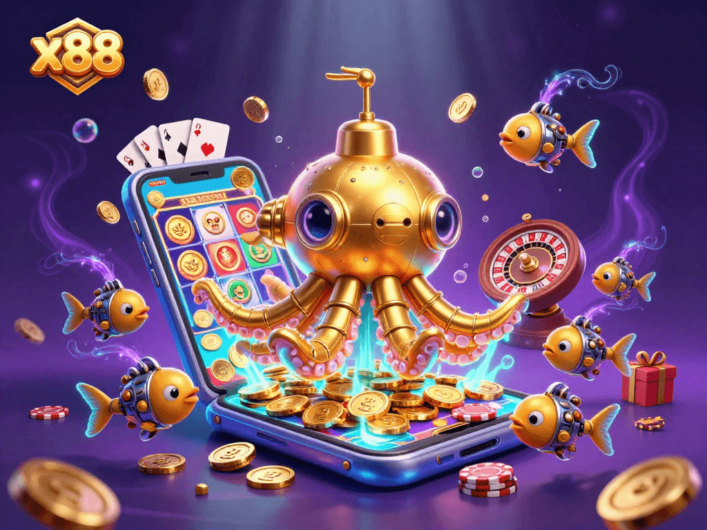 Experience the excitement of x88 with a golden kraken submarine and vibrant casino games