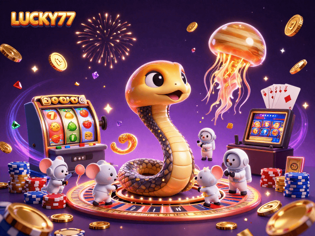 Engage with LUCKY77 casino magic with a cosmic roulette scene featuring a Saturn ring snake and golden jellyfish.