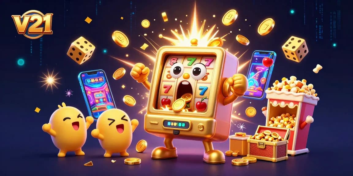 Mesin slot v21 yang beruntung memuntahkan koin saat jackpot, dikelilingi mesin slot dan popcorn berkilau.
