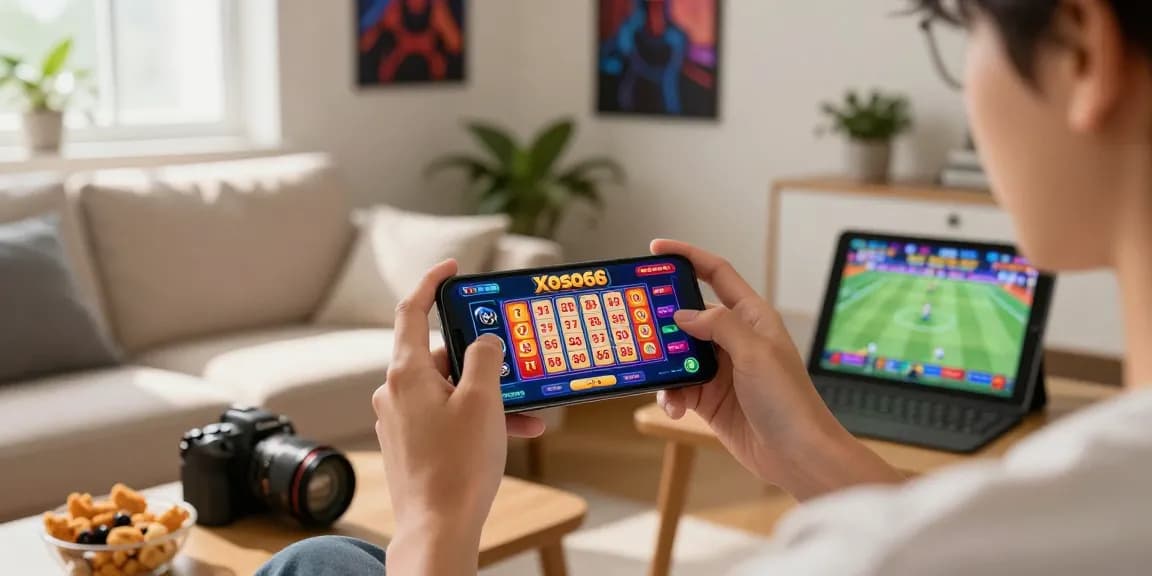 Xoso66 app displayed on smartphone in a cozy gaming environment with vibrant graphics, showcasing an engaging online lottery experience.