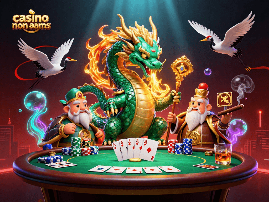 Giocando ai casino non AAMS con draghi e carte da poker in un'illustrazione vivace e dettagliata.