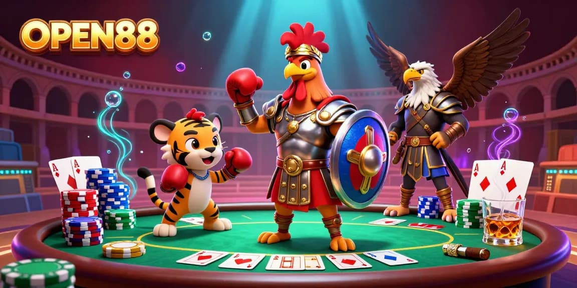 Experience the thrill of OPEN88 in a 3D gladiator rooster scene with poker elements and dynamic effects.