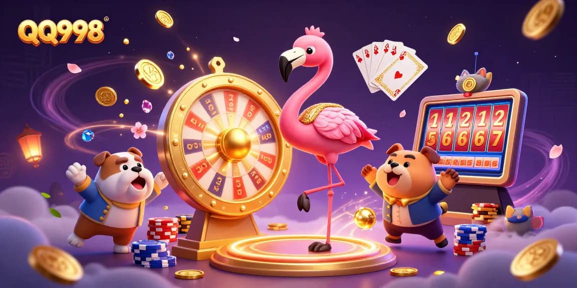 Experience the excitement of QQ998 with a vibrant 3D illustration showcasing a vibrant game show atmosphere filled with gaming elements.